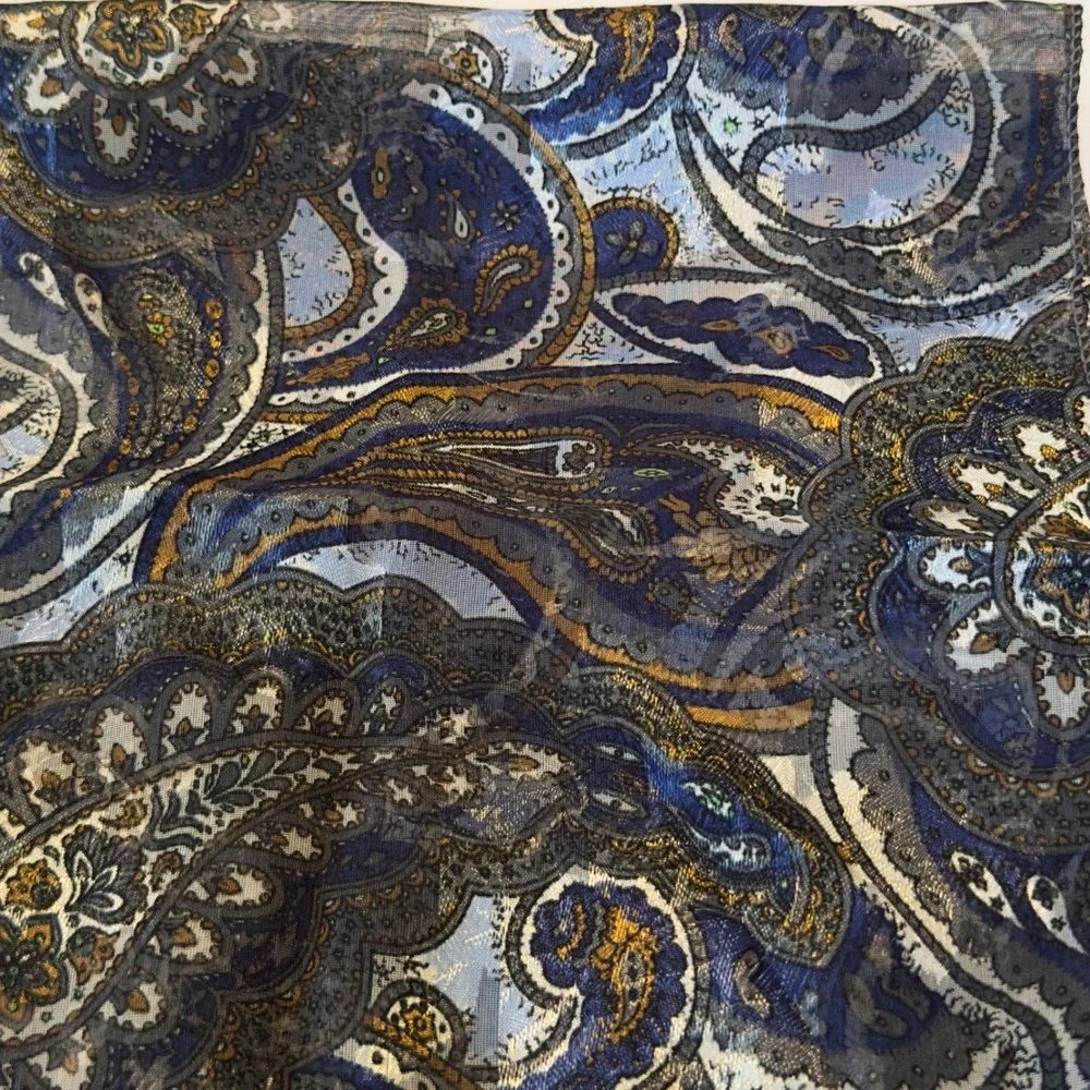 Blue Gold Paisley Square Scarf Silk Feel Sheer‎ Neck Hair Accessory Classy Chic